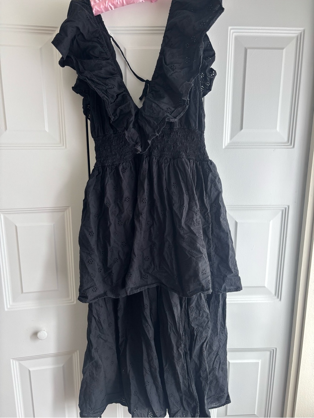 WeWoreWhat Black Eyelet Ruffle Midi Dress with Smocked Waist